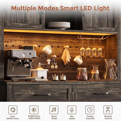 72" Coffee Bar Cabinet with Power Outlet & LED Light, Farmhouse Large Kitchen Hutch with Sliding Barn Door, Tall Bar Cabinets with Storage Drawers & Wine Glass Rack,Pantry China Cabinet,Black Oak