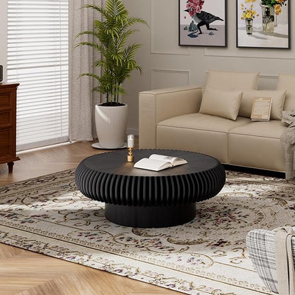 Round Fluted Coffee Table Modern Handcraft Drum Coffee Table with Sturdy Pedestal 31.5" Farmhouse Center Table Tea Table for Living Room, Reception Room, Entertainment Room (Black 31.5 inch)