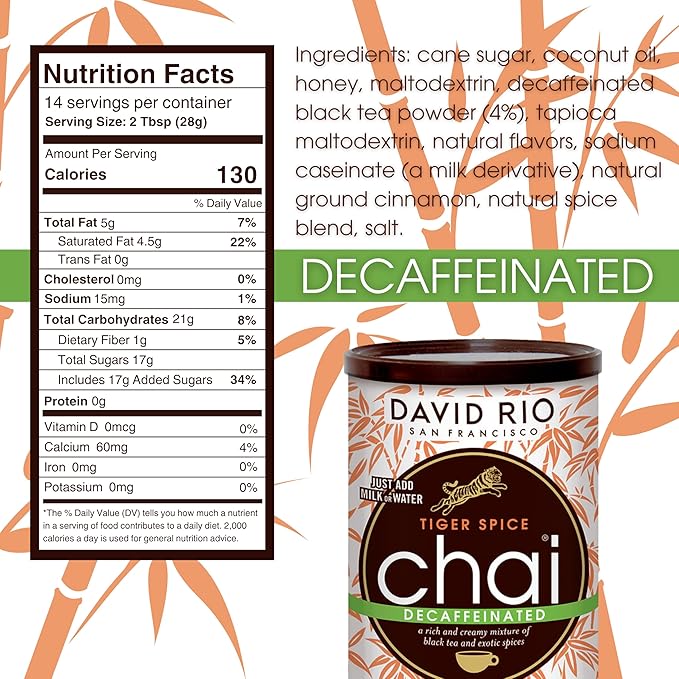 Tiger Spice Decaffeinated Chai Tea Latte Mix, 14 Oz, Decaf Black Tea, Organic Spices, Dairy Free, Serve Hot or Cold, Just Add Water or Milk, 14 Servings