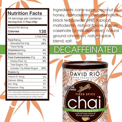 Tiger Spice Decaffeinated Chai Tea Latte Mix, 14 Oz, Decaf Black Tea, Organic Spices, Dairy Free, Serve Hot or Cold, Just Add Water or Milk, 14 Servings