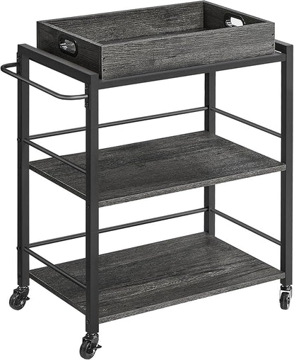 VASAGLE Kitchen Serving Cart with Removable Tray, 3-Tier Kitchen Utility Cart on Wheels with Storage, with Brakes, Leveling Feet, 15.7 x 28.3 x 33.9 Inches, Charcoal Gray and Black ULRC072B04
