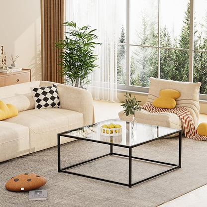 Black Glass Coffee Table for Living Room,Square Coffee Tables for Small Spaces,Simple Tea Cocktail Modern Center Tables, Living Room Tables,Easy Assembly,26 * 26in（Black & Clear Glass）