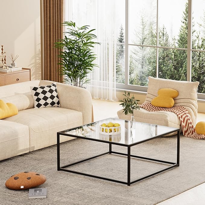 Black Glass Coffee Table for Living Room,Square Coffee Tables for Small Spaces,Simple Tea Cocktail Modern Center Tables, Living Room Tables,Easy Assembly,26 * 26in（Black & Clear Glass）