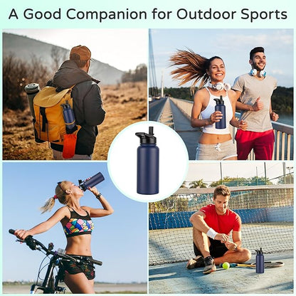 DOMICARE 32 oz Insulated Water Bottle, Vacuum Insulated Stainless Steel Sports Water Bottle with Straw Lid & Spout Lid, Leakproof, Reusable - Travel, Camping, Bike, Navy Blue