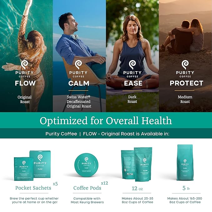 Purity Coffee FLOW Medium Roast Organic Coffee - USDA Certified Organic Specialty Grade Arabica Single-Serve Packets - Third Party Tested for Mold, Mycotoxins and Pesticides - 5 ct Box