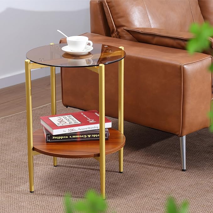 Small Round Coffee Tables for Living Room, Mid Century Side Table with Brown Glass Top, Solid Brown Storage Shelf and Sturable Gold Legs for Small Space, Office, Department