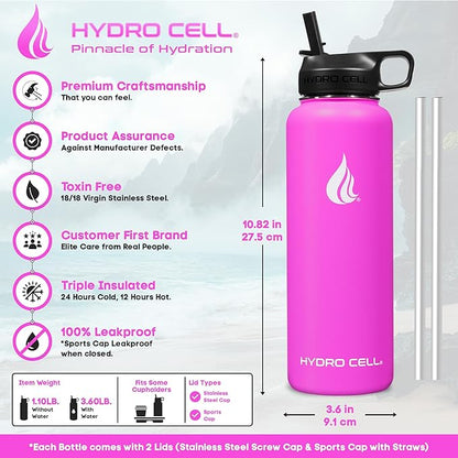 HYDRO CELL Stainless Steel Insulated Water Bottle with Straw - For Cold & Hot Drinks - Metal Vacuum Flask with Screw Cap and Modern Leakproof Sport Thermos for Adults (Fuchsia 40oz)