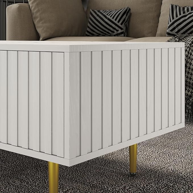 Modern Coffee Table with Storage with 2 Big Drawers, White Rectangle Coffee Table for Living Room, Wooden Fluted Table Accent Tea Table for Living Room Apartment Small Space