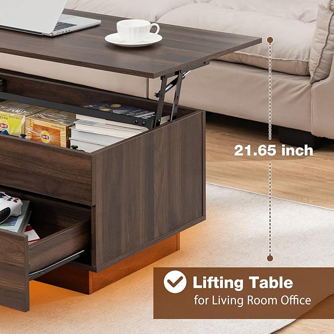 LED Coffee Table with Lift Top Morden Coffee Table with Storage High Gloss Walnut Sofa Table for Living Room Center Tables Hidden Compartment & 2 Drawers