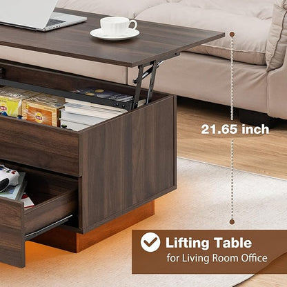 HOMMPA Modern Lift Top Coffee Table with Storage for Living Room, LED Coffee Table, Wooden Lift Table Top Dining Table with 2 Drawers Hidden Compartment & Metal Frame, Walnut