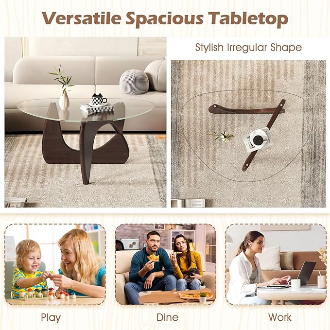 Giantex Triangle Glass Coffee Table, Solid Wood Tea Table with Tempered Glass Top & Adjustable Base, Small Accent Table for Small Spaces, Mid Century Modern Center Table for Living Room (Walnut)