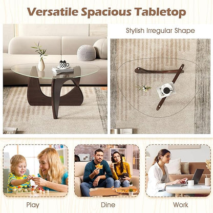 Giantex Triangle Glass Coffee Table, Solid Wood Tea Table with Tempered Glass Top & Adjustable Base, Small Accent Table for Small Spaces, Mid Century Modern Center Table for Living Room (Walnut)