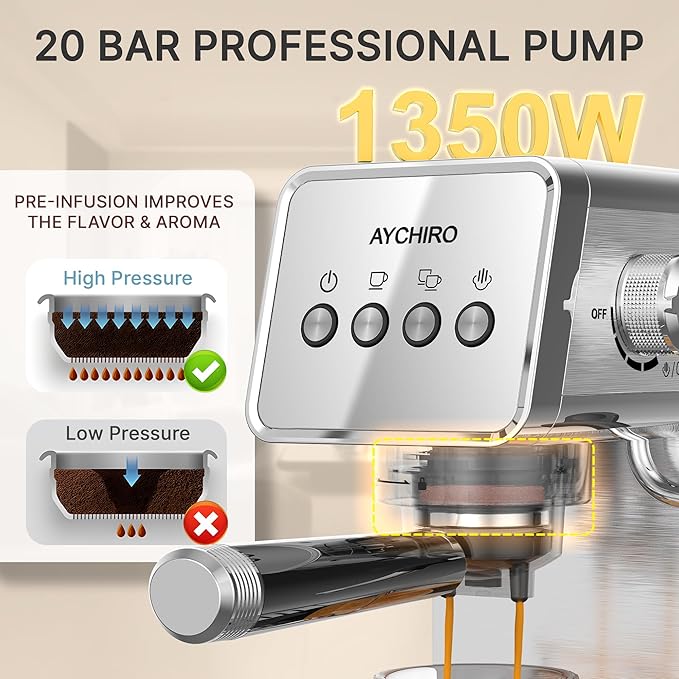 Espresso Machine with Steam Milk Frother,20 Bar Stainless Steel Coffee Maker for Latte & Cappuccino,Detachable Water Tank/Drip Tray, Hot Water Function for Home & Office Use