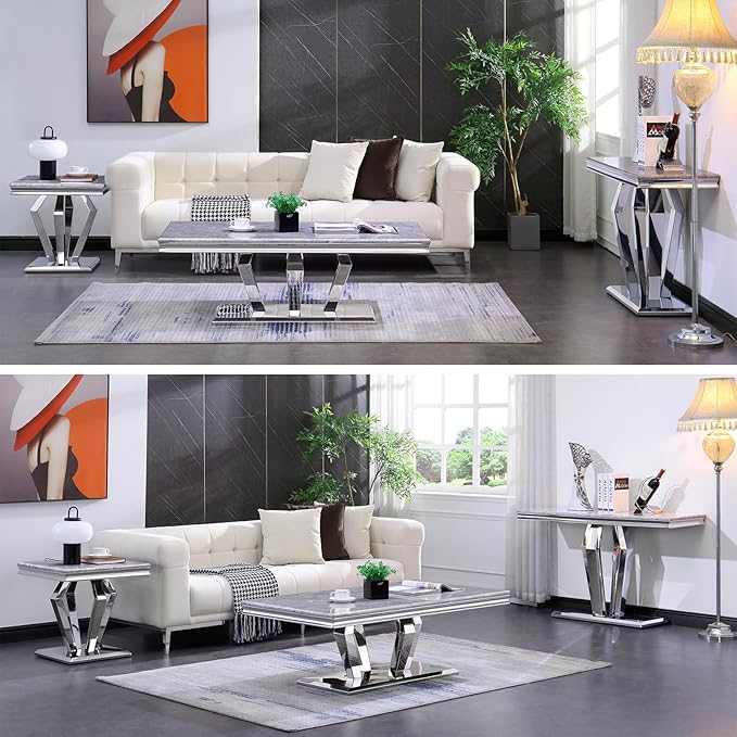 3 Piece Living Room Table Set, Luxury Coffee Table Set with Gray Top & Diamond-Shaped Stainless Steel Frame, 1 Coffee Table + 1 Console Table + 1 End Table for Home Office