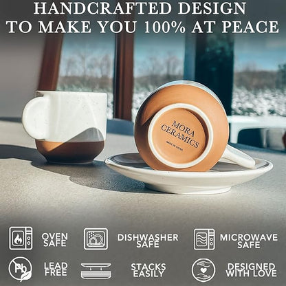 Mora Ceramic Mini Espresso Cups Set of 4, 3oz - Tiny Italian Inspired Mugs With Saucers For Small Shots of Coffee - Modern Boho Style For Any Kitchen or Cafe. Microwave Safe Porcelain - Vanilla White