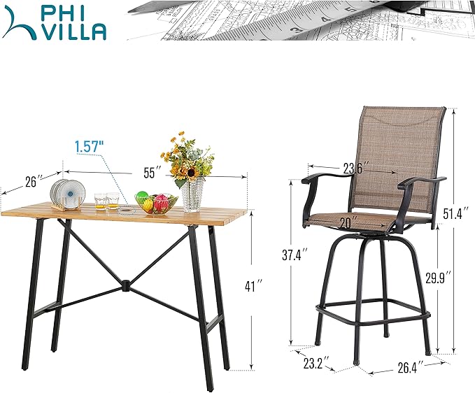 PHI VILLA Outdoor Patio Bar Set for 5, High Top Patio Bar Table and Chairs Set with 4 Patio Swivel Bar Stools & 40" Wooden-Like Steel Bar Height Table for Garden and Yard, Brown & Yellow
