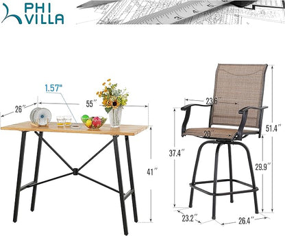 PHI VILLA Outdoor Patio Bar Set for 5, High Top Patio Bar Table and Chairs Set with 4 Patio Swivel Bar Stools & 40" Wooden-Like Steel Bar Height Table for Garden and Yard, Brown & Yellow