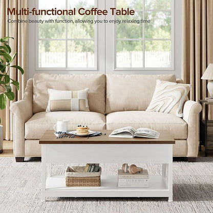 Lift Top Coffee Table,Lift Coffee Table with Storage Shelf and Large Hidden Compartment for Living Room,Lifting top Coffee Tables for Small Space,White + Walnut