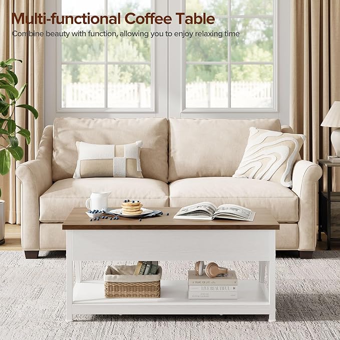 Lift Top Coffee Table,Lift Coffee Table with Storage Shelf and Large Hidden Compartment for Living Room,Lifting top Coffee Tables for Small Space,White + Walnut
