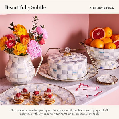 MACKENZIE-CHILDS Enamel Pitcher with Spout for Water, Cut Flowers, and Home Decor, 3 Quarts, Gray-and-White Sterling Check