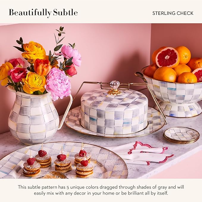 MACKENZIE-CHILDS Enamel Pitcher with Spout for Water, Cut Flowers, and Home Decor, 3 Quarts, Gray-and-White Sterling Check