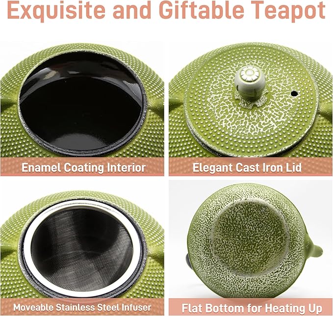 Cast Iron Teapot Tea Kettle with Stainless Steel Infuser for Stovetop Safe Coated with Enameled Interior Japanese Green Tetsubin for Loose Tea(30.4oz/900ml)