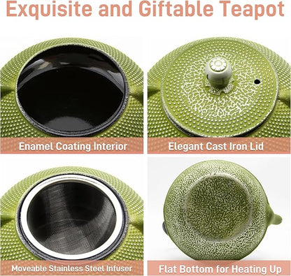 Cast Iron Teapot Tea Kettle with Stainless Steel Infuser for Stovetop Safe Coated with Enameled Interior Japanese Green Tetsubin for Loose Tea(30.4oz/900ml)