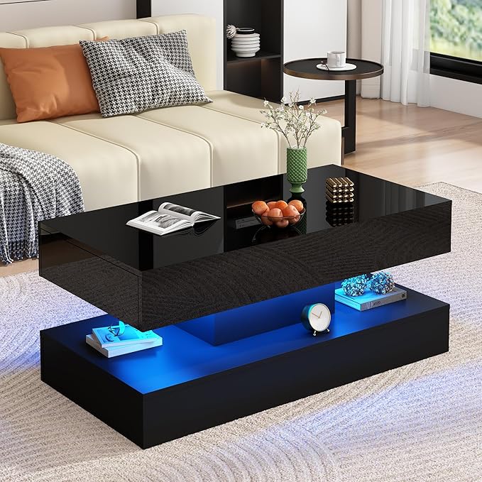 Uspeedy 39.37in Large High Glossy LED Coffee Table with 2 Storage Drawers,Black/White Modern Coffee Tables for Living Room,Living Room Tables,APP LED Lights (Black)