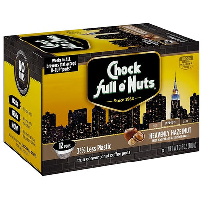 Chock Full o’Nuts Heavenly Hazelnut Roast, Medium Roast K-Cups, Flavored to Perfection with a Great Hazelnut Taste - Compatible with Keurig Pods K-Cup Brewers (1 Pack of 12 Single-Serve Cups)