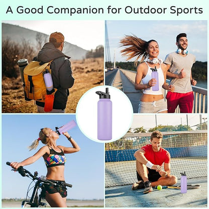 DOMICARE 40 oz Insulated Water Bottle, Vacuum Insulated Stainless Steel Sports Water Bottle with Straw Lid & Spout Lid, Leakproof, Reusable - Travel, Camping, Bike, Purple