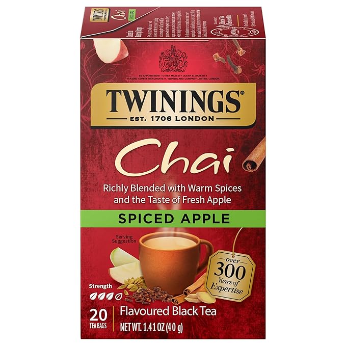 Twinings Spiced Apple Chai Black Tea Individually Wrapped Bags, 20 Count (Pack of 1), Sweet, Savoury Spices, Caffeinated, Enjoy Hot or Iced, 20 Teabags