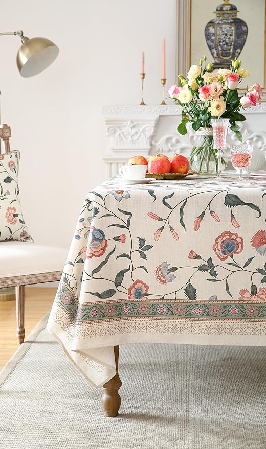 Designer Chinoiserie Linen Floral Long Tablecloth Rectangle,White Wrinkle Resistant Table Cloth,Elegant Decor Tablecloths for Dining Thanksgiving Kitchen Party Christmas,63"*94"-Daffy