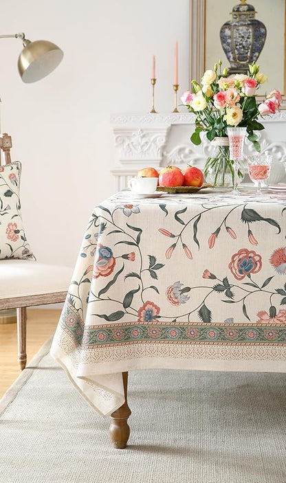 Designer Chinoiserie Linen Floral Long Tablecloth Rectangle,White Wrinkle Resistant Table Cloth,Elegant Decor Tablecloths for Dining Thanksgiving Kitchen Party Christmas,63"*94"-Daffy