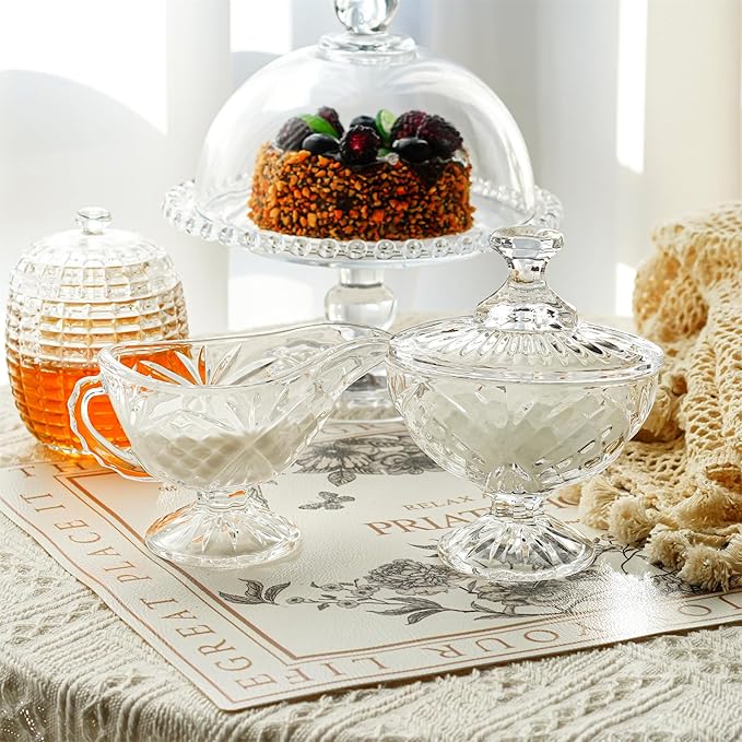 Crystal Cream and Sugar Set Glass Creamer Server Sugar Bowl with Lid Coffee Server Set Mother's Day Gifts for Women Mum Table Decortion for Home Wedding Party