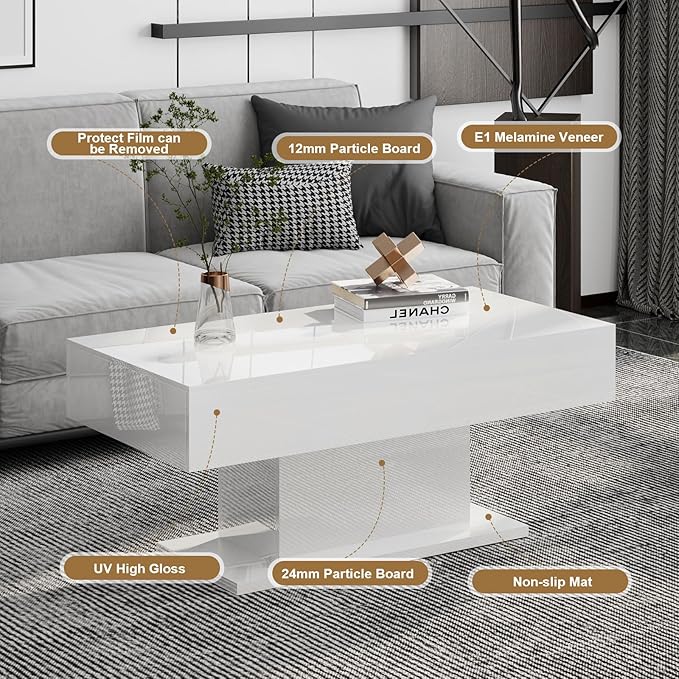Led Coffee Table for Living Room, Living Room Table Rectangular Center Table, Modern High Glossy Wooden Coffee Tables with 16 Colors LED Lights for Dining Reception Room, White