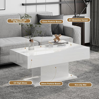 Led Coffee Table for Living Room, Living Room Table Rectangular Center Table, Modern High Glossy Wooden Coffee Tables with 16 Colors LED Lights for Dining Reception Room, White