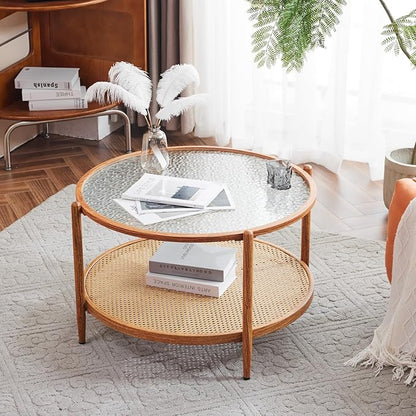 VINGLI 30" Rattan Coffee Table, Round Water-Wave Glass Metal Center Table, Modern Coffee Table with 2-Tier Storage, Farmhouse Circular Coffee Tables for Living Room and Small Space, Natural Vibe