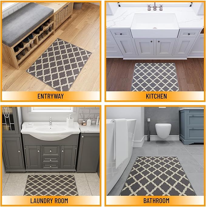 Ottomanson Rugs for Entryway 2'3" x 3' Non Slip Trellis Small Area Rugs Durable Front Door Mat Rug Stain Resistant Entrance Rugs for Bathroom Kitchen Bedroom & Living Room, Gray