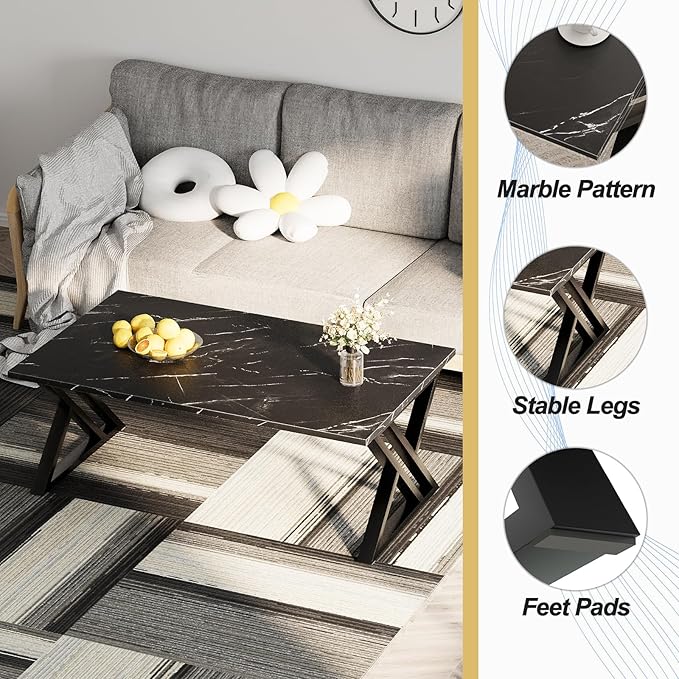 Coffee Table Living Room Table Black Center Table, Simple Modern Faux Marble Rectangular Tea Table with Sturdy Black-Finished Metal Frame,Industrial Wooden Coffee Table for Bedroom Home Office