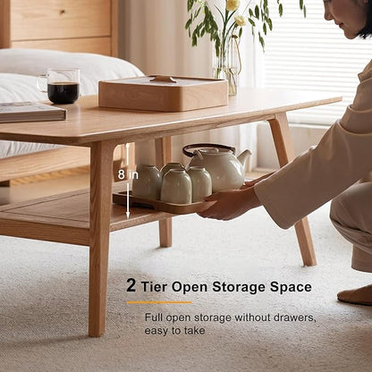 Modern Solid Wood Coffee Table, 2-Tier Small Wooden Coffee Table with Storage Shelf for Living Room, Apartment, Office, Natural (40''D x 20''W x 18''H)