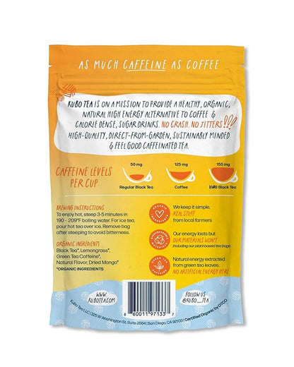 Kubo Tea Lemon Mango Black Tea - Organic High Caffeine Energy Blend - 20 Pyramid Tea Bags (155mg Caffeine each) - Healthy Sugar Free Coffee Substitute for Hot and Iced Drinks - Biodegradable Packaging