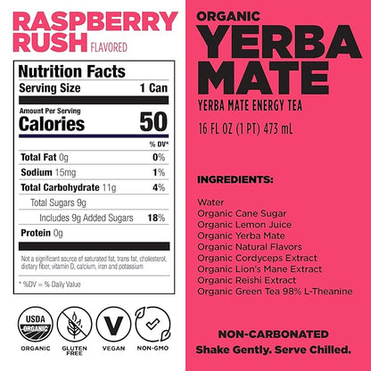 Daytrip Organic Yerba Mate Energy Drink- Clean, Plant Based Caffeine (200mg) with Adaptogenic Mushrooms and Green Tea for Focus and Brain Fog - Low Calorie, Low Sugar (12 Pack Case)
