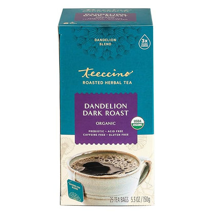 Teeccino Dark Roast Dandelion Tea - Rich & Roasted Herbal Tea That’s Caffeine Free & Prebiotic with Detoxifying Dandelion Root, 25 Tea Bags (Pack of 3)