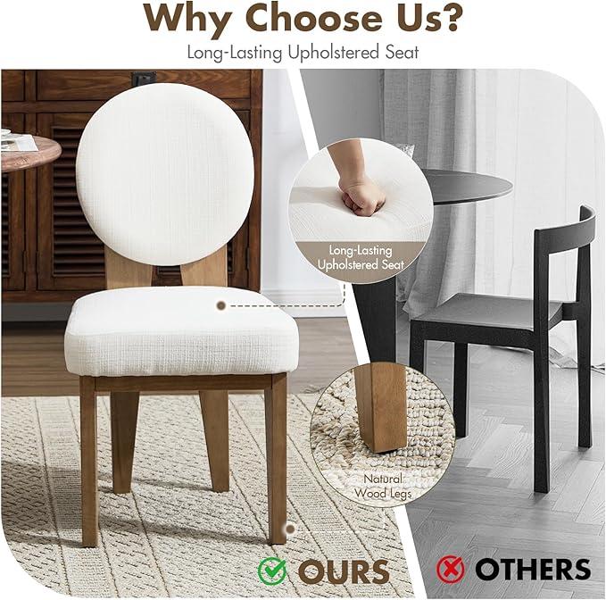 Mid-Century Modern Walnut Dining Chairs Set of 4, Vintage White Wooden Kitchen Chairs, Retro Upholstered Linen Cushioned Seat with Curved Backrest, Armless Accent Side Chair for Bedroom