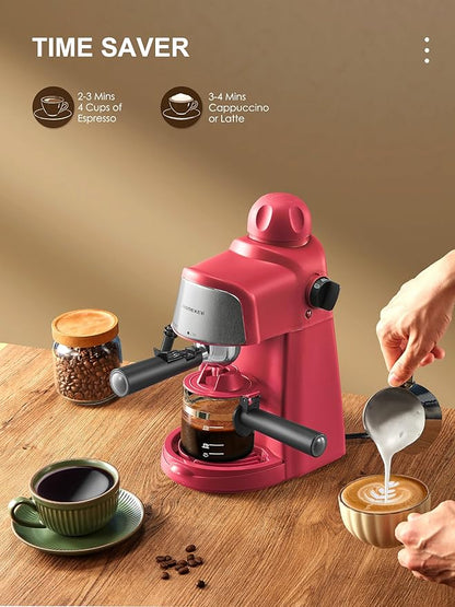 Espresso Machine, 3.5Bar Espresso and Cappuccino Machine with Fast Heating Function, 1-4 Cups Coffee Maker with Milk Frothing Function and Steam Wand (Red)