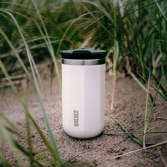 WACACO Octaroma Lungo Vacuum Insulated Coffee Mug, Double-wall Stainless Steel Travel Tumbler With Drinking Lid, 10 fl oz(300ml), Ceramic White