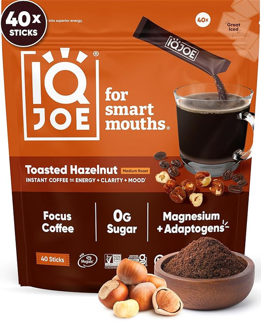 IQJOE Mushroom Coffee Packets (40 Servings) Lion’s Mane, Magtein Magnesium, Antioxidants, Adaptogens - Toasted Hazelnut - Instant Coffee for Focus, Clarity, Mood, Energy Boost - Sugar Free, Vegan