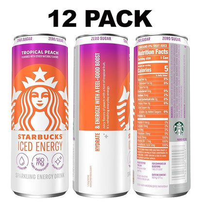 Starbucks Iced Energy Drink, Tropical Peach, Zero Sugar Energy Drink, Plant Based Caffeine, Hydration, Mental Clarity, 12 Fl Oz Cans (Pack of 12)