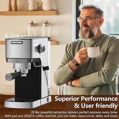 VEGETA Espresso Machine with Milk Frother, Small Coffee Maker 20 Bar with 40oz Removable Water Tank, Stainless Steel Coffee Machine for Cappuccino & Latte, Silver