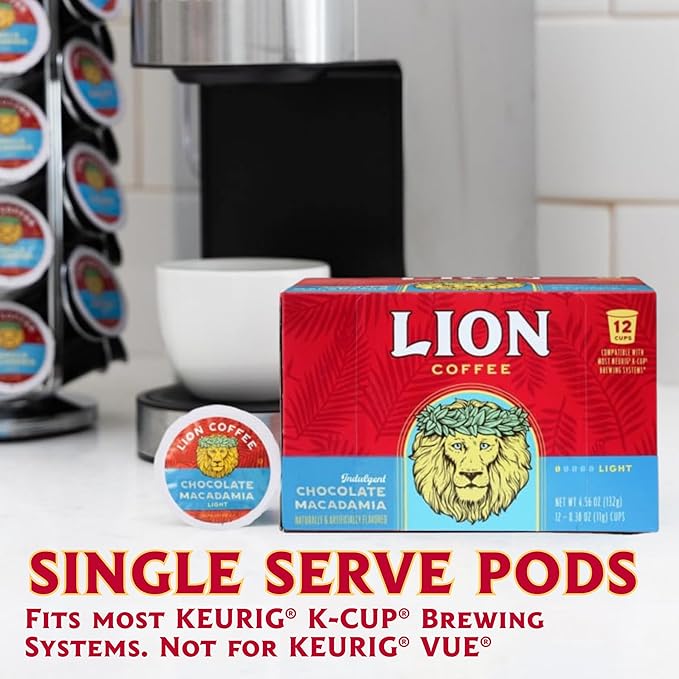 Lion Coffee Chocolate Macadamia Flavored Medium Roast Coffee Pods - Single-Serve Pods - Hawaiian Inspired Flavor - Arabica Coffee - Compatible with Single-Serve Brewing Systems - 12 Count Box